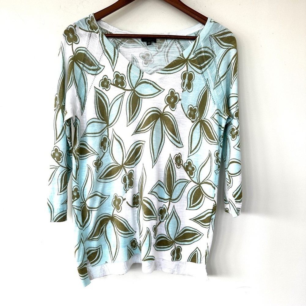 Talbots Floral Print V-neck Sweater, 3/4 Raglan Sleeves, Loose Fit, 💯 Cotton